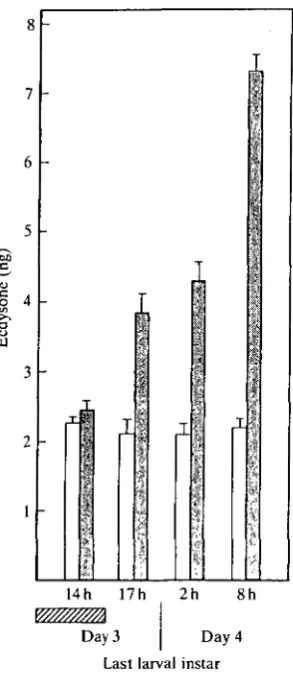 Fig. 4. Effect of ZR512 (5/ig) on the capacity of last larval instar Manduca glands from untreated, developing larvae (closed bars) and glands from ZR512-treatedlarvae (open bars) each determination is the meanprothoracic glands to synthesize ecdysonesexta