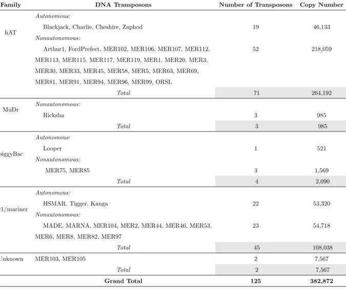 Table 2.3: A summary of currently recognizable DNA transposons in the human genome with copy number greater than 100.