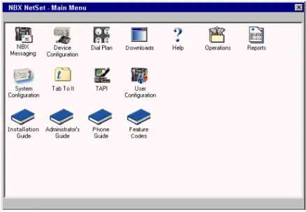 Figure 1  shows the NBX NetSet - Main Menu window, which appears  when you log on to the NBX NetSet utility.