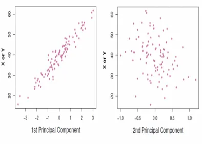 Figure 1.6 The ﬁrst principal component is highly correlated with both the features in this example