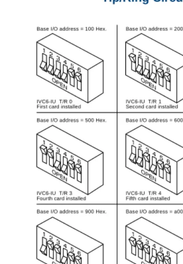 Figure 11.Settings for Switches on the IVP6-IA (AYC29), and IVC6 (AYC10) Tip/Ring Circuit Cards T/R-0 through T/R-7 