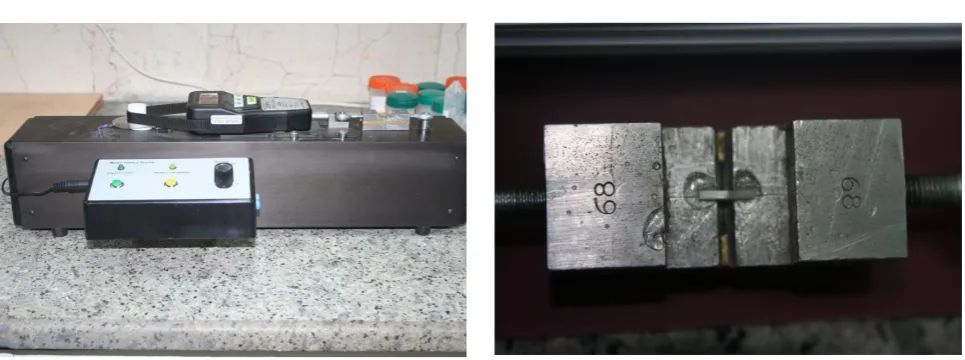 Fig. 3: (A) Microtensile bond strength tester machine. (B) The sample in the microtensile bond strength tester machine   