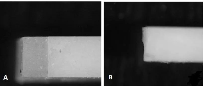 Fig. 4: (A) Stereomicroscopic photograph of the cohesive failure in the veneering porcelain, (B) Mixed failure mode       
