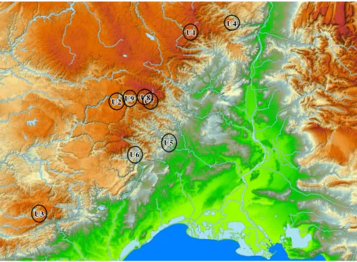 Figure 4: Location of the 9 sites for the flow rate dataset. The sea in dark blue at the bottom (south) is the Mediterranean sea