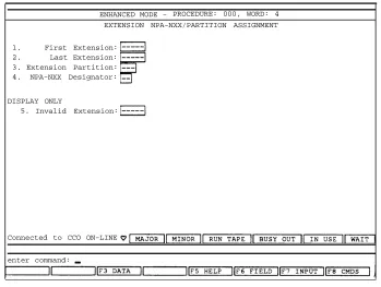 Figure 7-7, Procedure 000 Word 4: NPA-NXX Partition Assignment (System 85 R2V4), procedure 000, word 4.depicts�