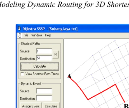 Fig. 3: Shortest path from location A (vertex 1) to B (vertex 57) using Incremental SSSP Dijkstra algorithm after assigning a dynamic event at vertex 18 (source)