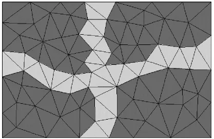 Figure 4.  An example fine mesh with element boundaries shown in black and fourpreconditioner subdomains