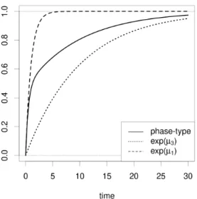 Figure 2: Phase-type distribution for moving from state 2 to state 1, for µ 1 = µ 2 = 1 and µ 3 = 0.1