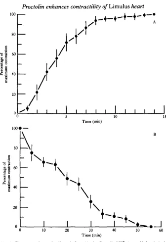 Fig. 3. Time course of proctolin effects. A. Onset kinetics. Proctolin (10~at time zero