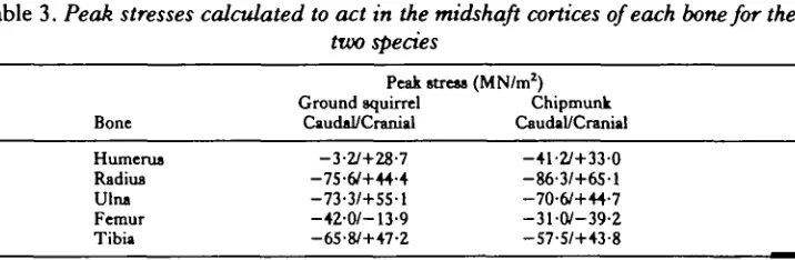 Table 3. Peak stresses calculated to act in the midshaft cortices of each bone for thetwo species