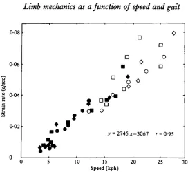 Fig. 9. The peak maximum strain rates (determined over 15 ms intervals) from the caudalsurface of horse A's tibia ( • ) , horse B's radius ( • ) and dog A's tibia ( # ) 