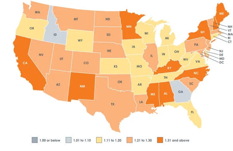 Figure 3.7.2(B) illustrates each state’s 2010 median debt coverage ratio. The majority of  states reported 2010 median DCRs between 1.15 and 1.30