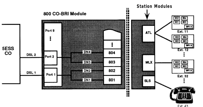 Figure 1 illustrates the physical connection of a DSL from the 5ESS central office to theMERLIN LEGEND, the internal mapping of lines, and the assignment of lines to stations.