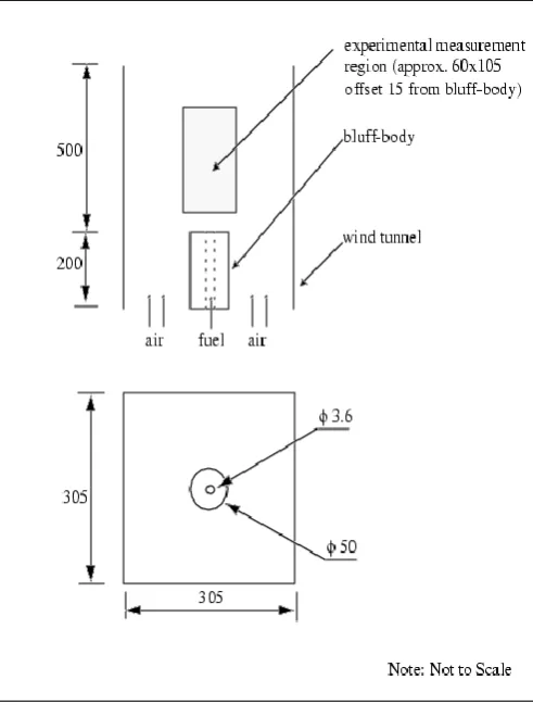 Figure 1:  Schematic of the Masri Bluff body burner. (in mm) 