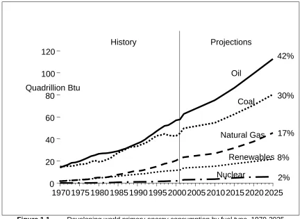 Figure 1.1 Developing world primary energy consumption by fuel type, 1970-2025 (Source:   Energy Information Administration (EIA), International Energy Outlook 2004) 