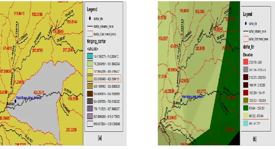 Figure 3. wadi Bari, Umm Sineina station, (a) rain, catchment and stream length, (b) elevation  