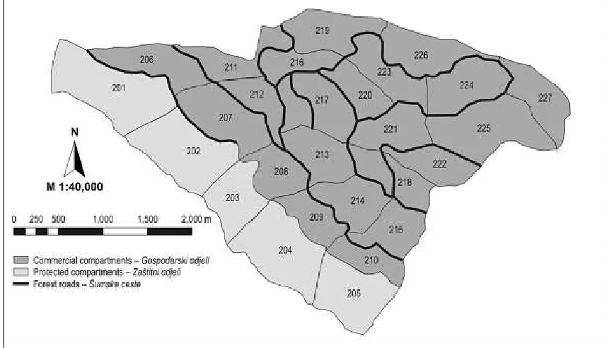 Fig. 1 Existing road network of Namkhaneh districtSlika1. Postoje}a mre`a {umskih cesta podru~ja Namkhaneh