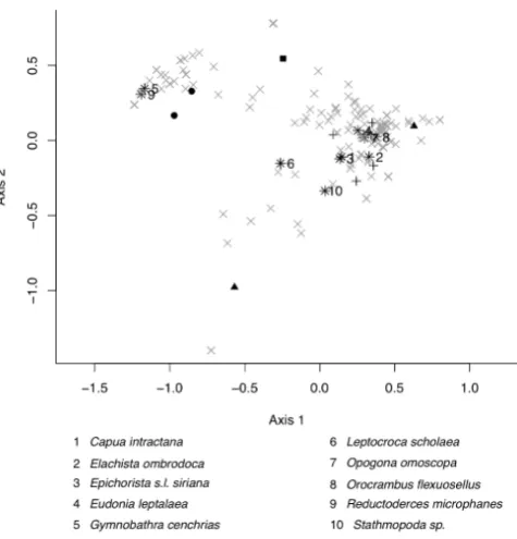 Figure 3. NMDS ordination for Lepidoptera abundance, overlaid with those species that have contributed to 50% of the dissimilarity between the habitat types (excluding the edge), as calculated with SIMPER analysis