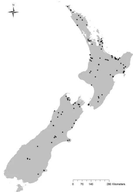 Figure 1. Distribution of the 132 woody weed sites surveyed around New Zealand.