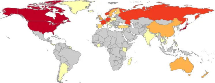 Figure 2. Geographic locations of the 167 studies reviewed. Colours on map indicate the number of studies conducted in each country: 