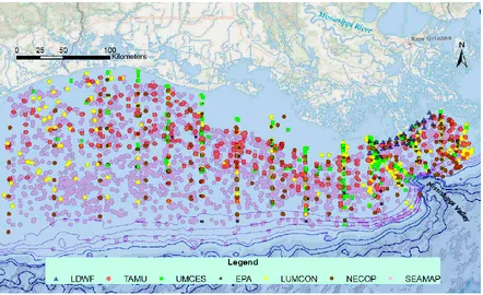 Figure 2.1. Locations of data collected from 1985-2016, color-coded by monitoring program 