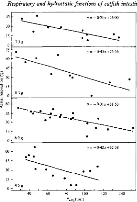 Fig. 5. Effect of PWpOaon the percentage contribution of air breathing to total O, consumptionof four H