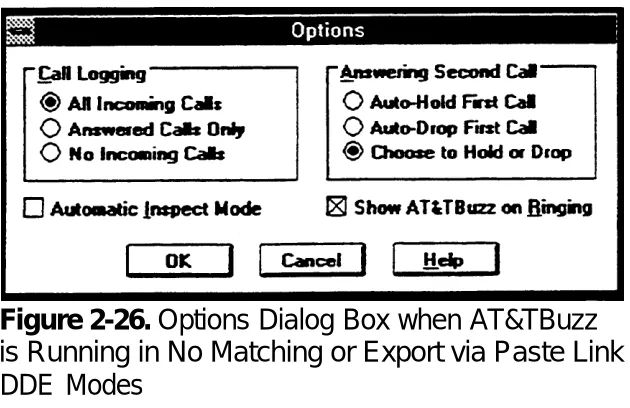 Figure 2-26. Options Dialog Box when AT&TBuzzis Running in No Matching or Export via Paste Link