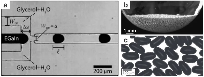 Figure 1.10. Flow focusing of liquid metal with glycerol solution to create liquid ‎microspheres