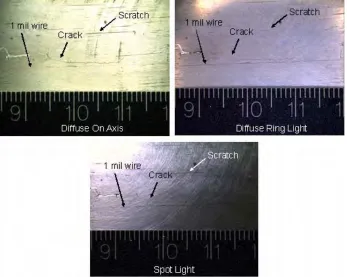 Figure 1   Images of Crack, Wire, and Scratches Taken Using Diffuse On-Axis Light, Diffuse Ring Light, and Bare-Bulb LED Spotlight 
