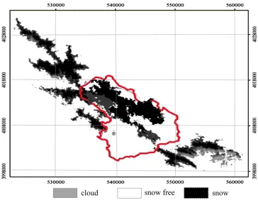 Fig. 3 Snow, snow free, and cloud covers extracted from moderate resolution imaging spectror-adiometer (MODIS) satellite images taken on February 14, 2011.