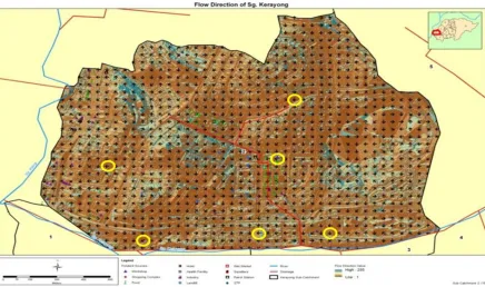Figure 1   A map shows the flow direction that will discharge waste materials and chemicals from various pollutant sources into the river
