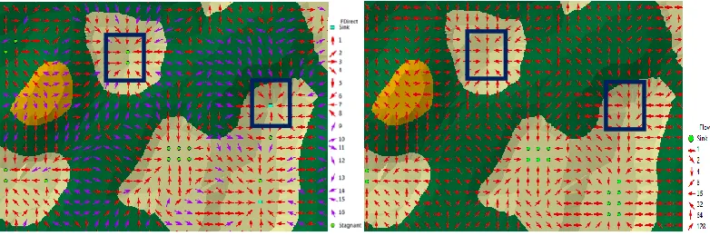 Figure 9   3D View (TIN) generated from contour and river; a) D16 (above)  and b) D8 (below)  