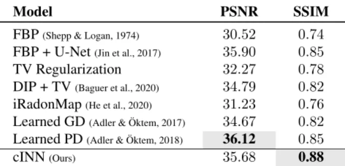Table 1. Results on the LoDoPaB-CT test set. The baseline meth- meth-ods were evaluated in (Baguer et al., 2020).