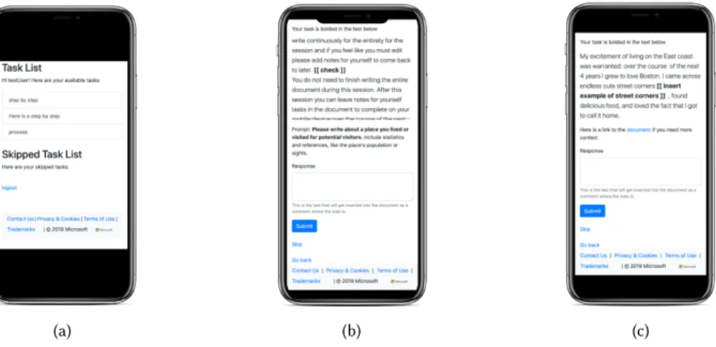 Fig. 1. Views of the web app. (a) Task list user will see after logging in. (a) Task display with the prompt and scrolling local context