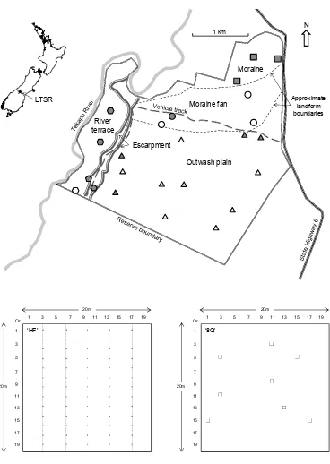 Figure 1. Location and plan of Lake Tekapo Scientific Reserve (LTSR) showing the main geographic and landform features and boundaries