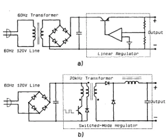 Figure 1.1: A typical off-line linear regulator (a), and a switched mode regulator (b)