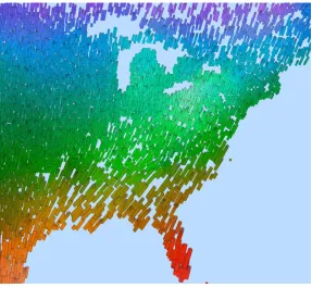 Figure 1: Visualization of a weather dataset using perceptual texture elements with temperature → hue, windspeed → density, pressure → size, precipitation → orientation, and cloud coverage → luminance