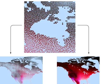 Figure 3: Examples of visualizing with different viewing parameters: (top) a close-up of Hudson Bay, eachsquare represents weather conditions on acold to red for hot),stronger),(more irregular for heavier); (left) North America with all ﬁve attributes visualized; (right) North America withonly 12◦ longitude by 12◦ latitude grid, temperature mapped to hue (blue for pressure mapped to luminance (brighter for higher), wind speed mapped to size (larger for cloud coverage mapped to orientation (more tilted for denser), and precipitation mapped to regularity temperature and pressure visualized