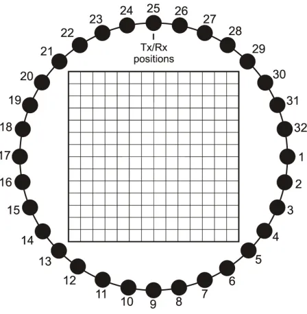 Figure 4.1: The Cartesian mesh surrounded by 32 possible transmitter (Tx) and receiver (Rx) posi-tions