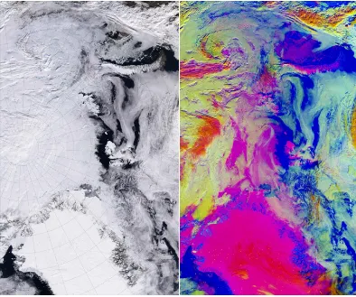 Figure 1.1: Visible (left) and false color (right) image of the Arctic from the Mod-erate Resolution Imaging Spectroradiometer (MODIS) on NASA’s Terra satellite.The North Pole is at the center left of the image, Greenland is at the bottom, Barentsand Kara 