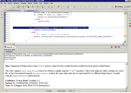 Figure 1.1 Findbugs notiﬁcation in the Eclipse IDE on checking string equality.