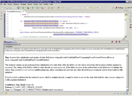 Figure 1.2 Findbugs notiﬁcation in the Eclipse IDE concerning multi-threading.