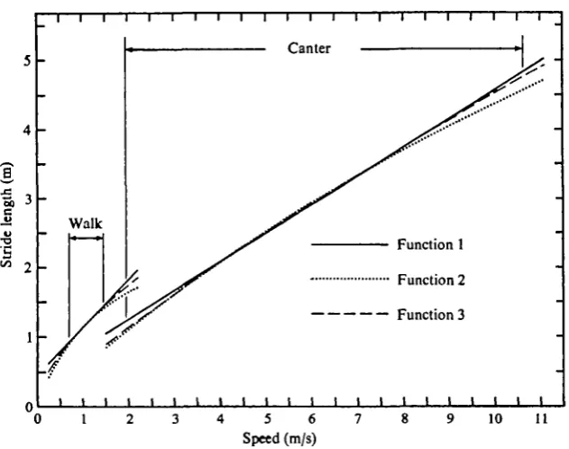 Fig. 2. Three regression functions fitted through the data of stride length on speed (see textand Table 1)