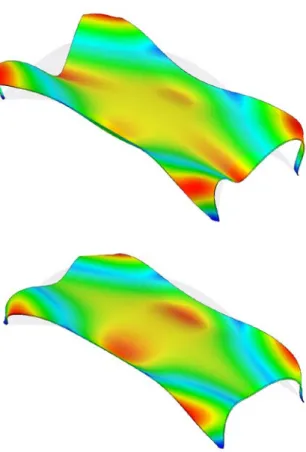 Figure 4. Comparative FEA deﬂection study of a shell: Model 1  on the left has increased thickness near the supports; Model 2  on the right has constant thickness
