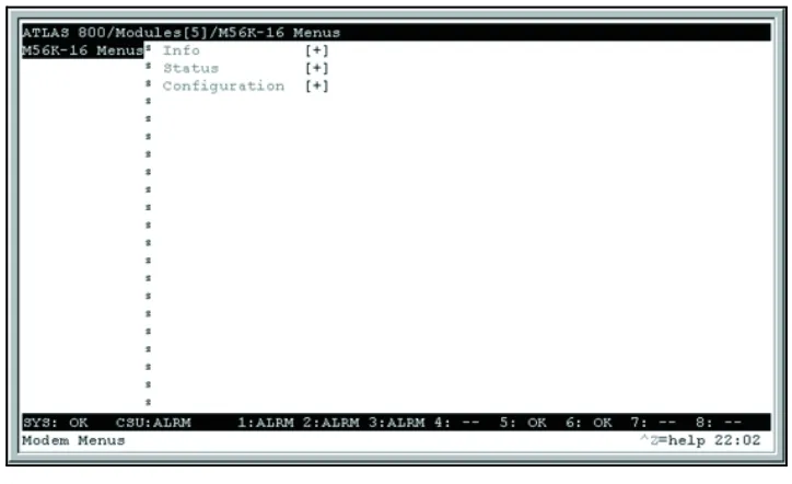 Figure 3-2 shows the Menus submenus for the Modem-16 Module. The following sections describe these options.