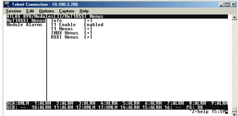 Figure 3-2 shows the menu options available for the NxT1 HSSI/V.35 Mod-ule (see also the menu tree in Table 3-1 on page 29)