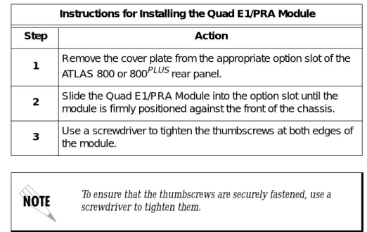 Figure 2-1 represents the action required for proper placement of the Quad E1/