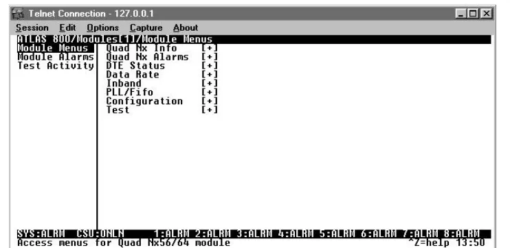 Figure 3-2 shows the menu options available for the Quad Nx 56/64 Module. The following sections describe these options.