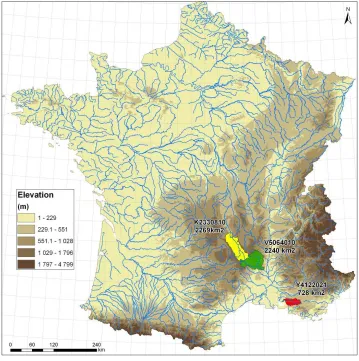 Figure 3: Location of the three study catchments with indication of their codes and surface areas 
