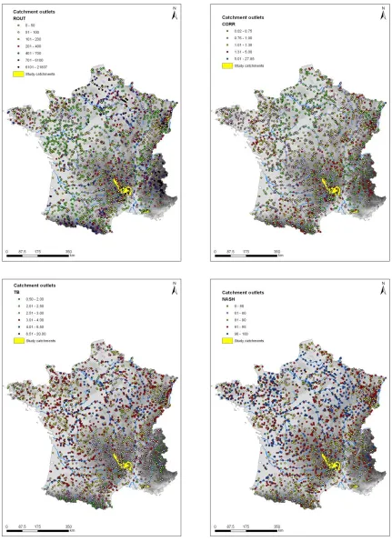 Figure 16: Distribution of GRP model parameters and NASH values in 3070 catchments in France 